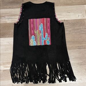 NWOT Black Fringe Vest with Colorful Cactus Design